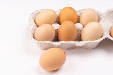 Organic chicken eggs on the table. Eggs are good for everyone and health. Farm products, natural eggs.