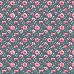 Watercolor pattern with anemones, berries on a turquoise background