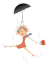 Strong wind, young woman and umbrella isolated illustration. Comic frightened woman in the red dress and umbrella gone by the wind isolated on white illustration