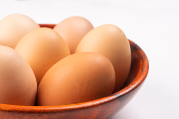 Organic chicken eggs on the table. Eggs are good for everyone and health. Farm products, natural eggs.