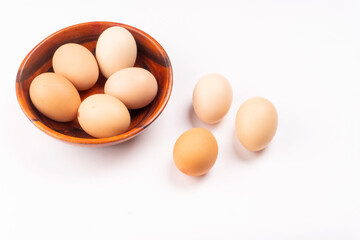 Organic chicken eggs on the table. Eggs are good for everyone and health. Farm products, natural eggs.