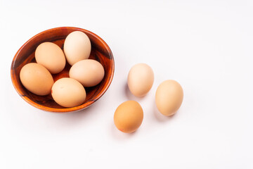 Organic chicken eggs on the table. Eggs are good for everyone and health. Farm products, natural eggs.
