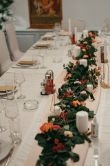 Table setting for an event party or wedding reception. Wedding table decoration rustic style.