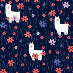 Find the Llama in flower meadow seamless pattern