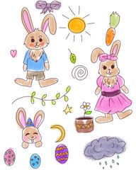 Easter doodle illustration. Celebration set. Cute spring icon collection. 