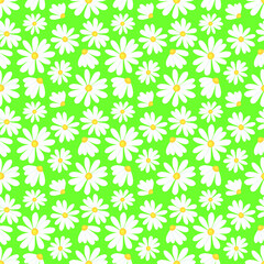 White chamomile flowers on a green background. Floral seamless pattern, vector illustration