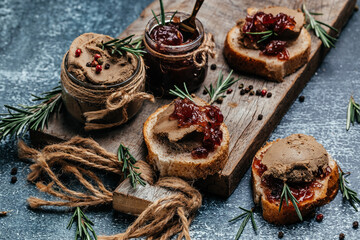 Homemade duck liver pate with red onion jam. Gourmet appetizers, Assorted Italian appetizer bruschetta. banner, menu, recipe place for text, top view