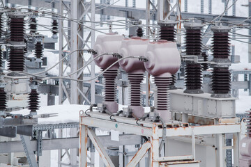 Measuring current transformers at a high-voltage substation. Electric power elements of urban infrastructure.