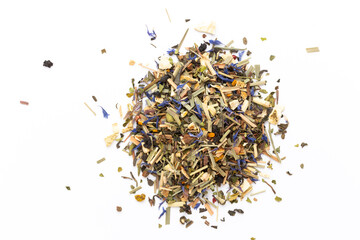 Herbal tea on a white background. Top view.