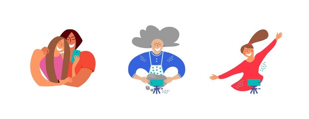 A set of cartoon bloggers and vloggers. People take pictures of themselves with their smartphone and shoot video vlogs. A couple in love, a little girl and an elderly lady