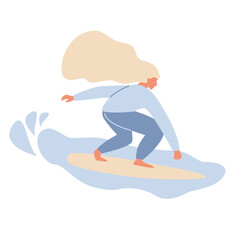 Fototapeta premium Girl surfer character in swimsuit riding on ocean wave. Summer water sport with surfboard, surfing club or school, active hobby
