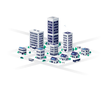 Smart modern city with commercial residential buildings illustrations. Family houses, work offices with solar panels. Business center skyscrapers and roads, cars. Isolated vector illustration on white