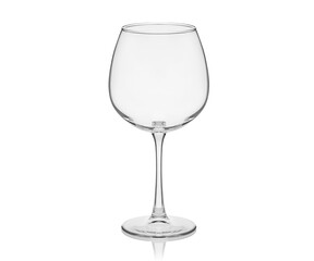 Empty transparent glass cup, shot glass, glass for wine, whiskey, cognac, martini, beer, juice and other drinks, isolated on white background. Dishes for bar, restaurant, pub.