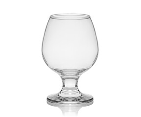 Empty transparent glass cup, shot glass, glass for wine, whiskey, cognac, martini, beer, juice and other drinks, isolated on white background. Dishes for bar, restaurant, pub.