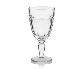 Empty transparent glass cup, shot glass, glass for wine, whiskey, cognac, martini, beer, juice and other drinks, isolated on white background. Dishes for bar, restaurant, pub.