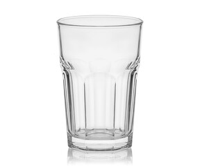 Empty transparent glass cup, shot glass, glass for wine, whiskey, cognac, martini, beer, juice and other drinks, isolated on white background. Dishes for bar, restaurant, pub.