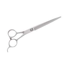 Obraz premium Scissors for cutting people and pets. Grooming scissors. Closed scissors on a white isolated background. Side view.