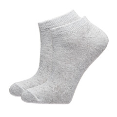 A pair of fabric socks stands on a white isolated background. Volumetric socks on a transparent mannequin. Gray socks.