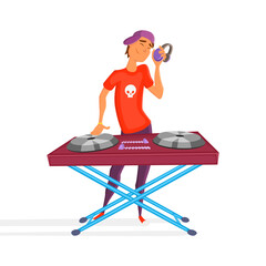 Cartoon teen dj. Boy playing. Young Dj wearing headphones and scratching a record on the turntable.