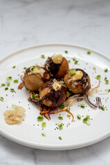 A plate of takoyaki over a marble table