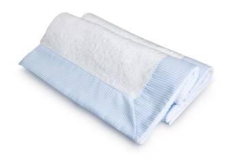 Toalla de bebe blanca y azul  sobre fondo blanco. White and blue baby towel on white background.