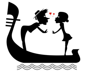 Man, woman, love, heart symbols and gondola illustration. Funny gondolier and woman fall in love and ride on gondola black on white isolated illustration - obrazy, fototapety, plakaty