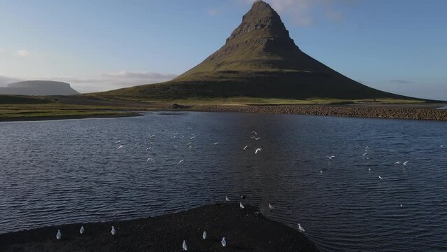 Beautiful aerial view of the Kirkjufell high mountain in Iceland, on the Sn&aelig;fellsnes peninsula, and a scenery fot GOT