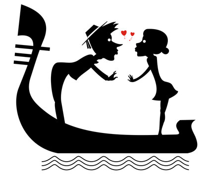 recommend clip art: Man, woman, love, heart symbols and gondola illustration. Funny gondolier and woman fall in love and ride on gondola black on white isolated illustration