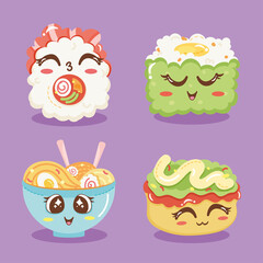 Naklejka premium four kawaii food characters