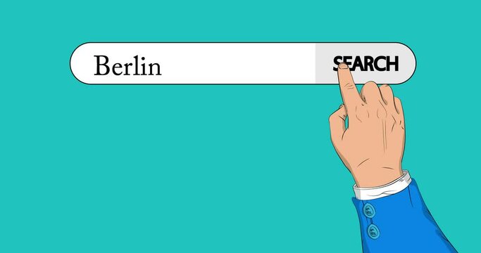 Virtual search bar with the text Berlin. Businessman pushing his right hand index finger to touch a search icon. 4k Comic Book style animation.