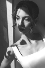 Beautiful slim morning bride. Black and white photo