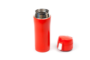 Thermos cup with red-orange vacuum lid for long-term storage of hot and cold drinks. For fitness and travel.