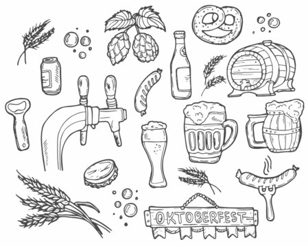 Set of beer and brewery doodles. Hand drawn sketch style. Isolated vector illustration.