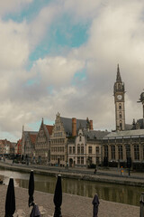 The historic city center in Ghent (Gent), Belgium. Architecture and landmark of Ghent. Cityscape of Ghent.