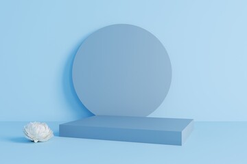 Light blue podium, Cosmetic display stand with peony blossom on light blue background. 3D rendering., 3D illustration