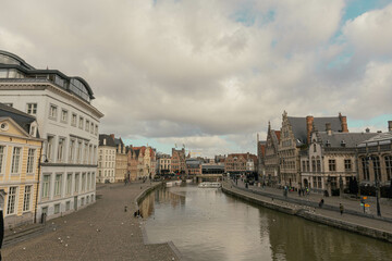 The historic city center in Ghent (Gent), Belgium. Architecture and landmark of Ghent. Cityscape of...