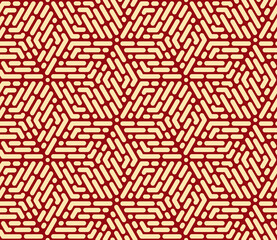 Abstract geometric pattern with stripes, lines. Seamless vector background. Gold and red ornament. Simple lattice graphic design