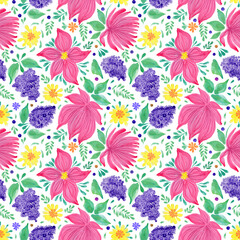 Floral seamless pattern in Ukrainian folk painting style Petrykivka. Hand drawn fantasy flowers, leaves, branches isolated on a white background