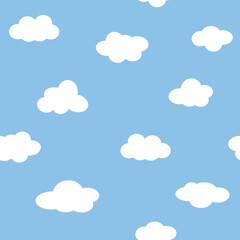 Cute clouds simple seamless pattern. Vector clouds of different shapes on a blue background. Cartoon clouds for decorating a children room. Scandinavian style.