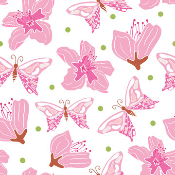 Beautiful abstract seamless vector pattern background illustration with cartoon butterflies and peach tree pink flowers	