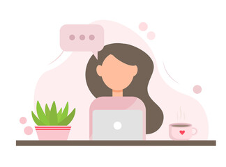Girl with a laptop. Female character working with laptop. illustration in flat style. Concept illustration for working, freelancing, studying, education, work from home.