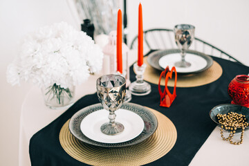 Beautiful served festive table for valentine's day dinner.