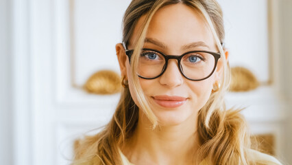 Portrait of happy smiling young attractive caucasian woman in eyeglasses looking on camera.	 - obrazy, fototapety, plakaty
