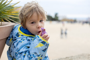 Child, cute boy, playing with ceramic clay whistle in the form of bird, souvenir from park Guell in...