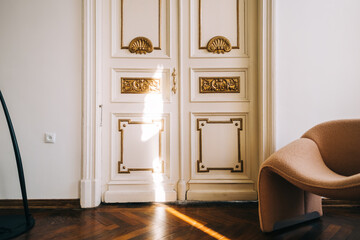 Beautiful ornamental vintage door in bright living room, interior details.