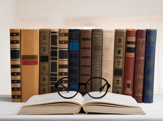 Old books, reading glasses on the wooden desk