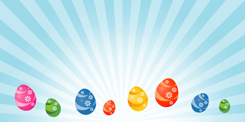 Easter background. Greeting card. Easter multicolored painted eggs on light blue rays background. Horizontal. Vector