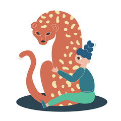 Vector flat cartoon illustration. The girl is sitting on the floor. The girl hugs a leopard.