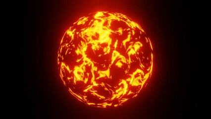 3D looping animation of fiery planet or sun or fireball with lava on black background