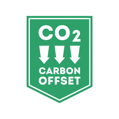 Carbon offset label or sign. Greenhouse gases reduction. CO2 offset warning. Carbon dioxide with down arrows on green background. Stop atmosphere pollution. Vector illustration, flat, clip art. 